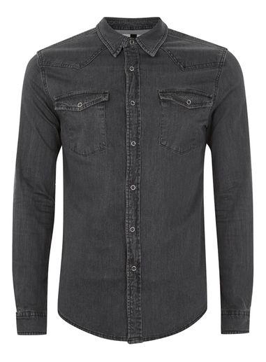 Topman Mens Bleach Denim Black Muscle Western Shirt