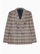 Topman Mens Grey Gray And Red Check Skinny Fit Double Breasted Blazer With Peak Lapels