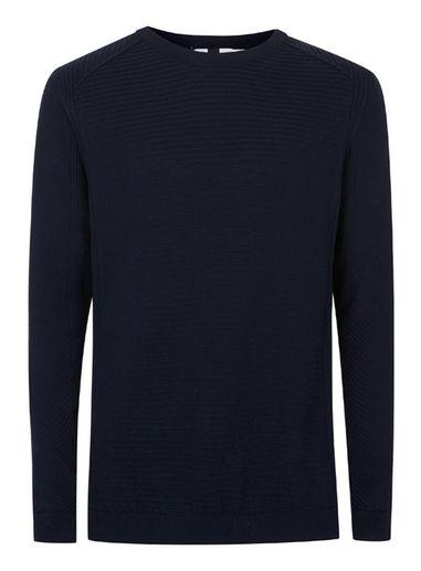 Topman Mens Blue Navy Ribbed Slim Fit Cotton Sweater