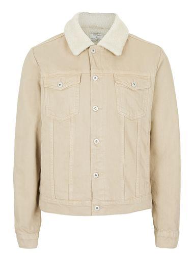 Topman Mens Brown Stone Faux Shearling Lined Denim Jacket