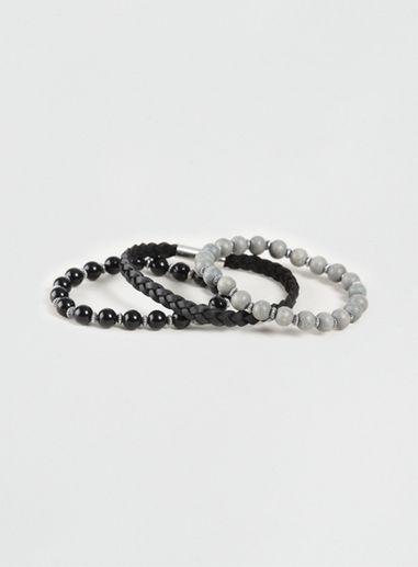 Topman Mens Black Bead And Leather Bracelet 3 Pack*