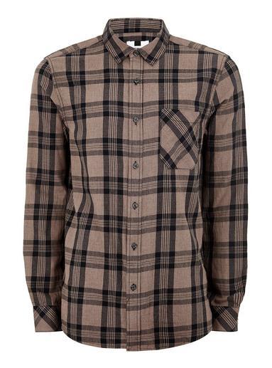 Topman Mens Stone And Navy Checked Long Sleeve Shirt