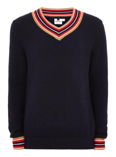 Topman Mens Navy Textured V Neck Sweater