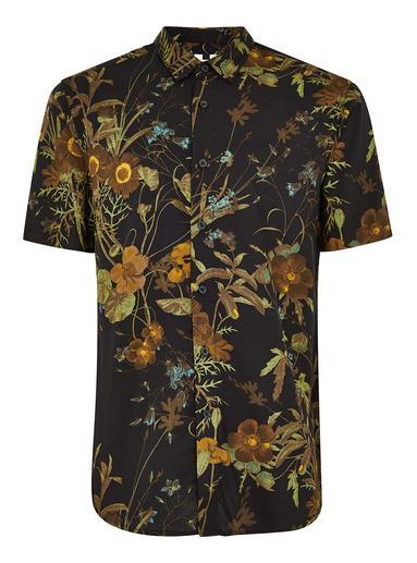 Topman Mens Multi Olive And Black Floral Short Sleeve Shirt