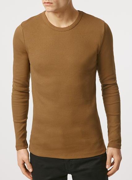 Topman Mens White Long Sleeve Brown Ribbed T-shirt