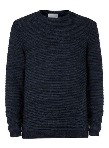 Topman Mens Blue Navy Horizontal Ribbed Textured Crew Neck Sweater