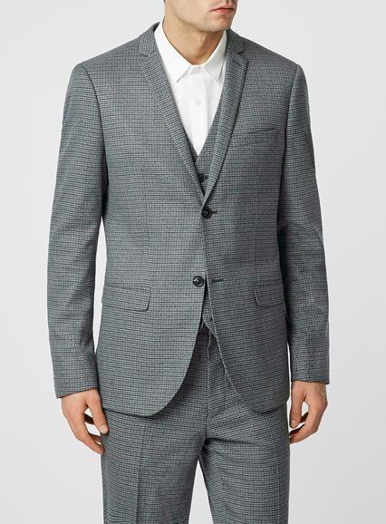 Topman Mens Mid Grey Grey And Teal Puppytooth Skinny Fit Suit Jacket
