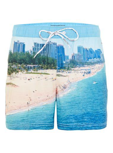Topman Mens Blue Hilfiger Denim Beach Print Swim Shorts