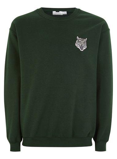 Topman Mens Khaki Green Tiger Embroidered Sweatshirt