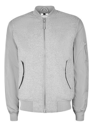 Topman Mens Grey Wool Blend Contrast Sleeve Bomber Jacket