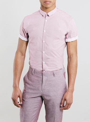Topman Mens Red And White Geometric Print Short Sleeve Slim Smart Shirt