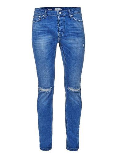 Topman Mens Mid Wash Blue Ripped Stretch Skinny Jeans