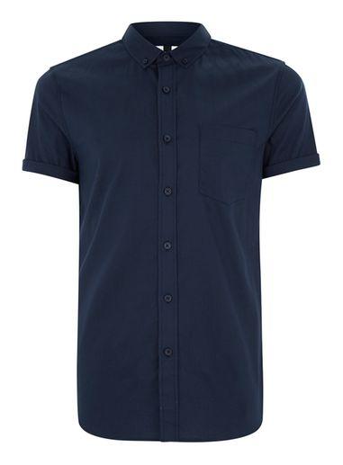 Topman Mens Short Sleeved Navy Muscle Fit Shirt