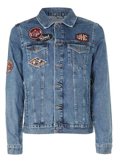 Topman Mens Mid Wash Blue Badged Denim Jacket