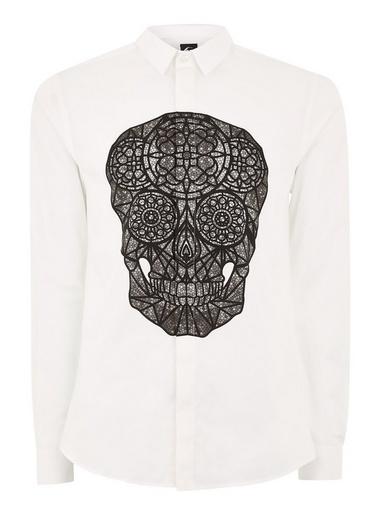 Topman Mens Twisted Tailor White Skull 'blackstone' Long Sleeve Shirt