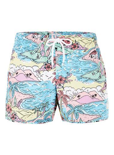 Topman Mens Blue Hawaiian Cartoon Swim Shorts
