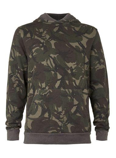 Topman Mens Green Khaki Camo Wash Classic Fit Hoodie