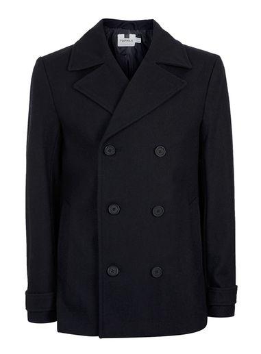 Topman Mens Blue Navy Wool Rich Peacoat