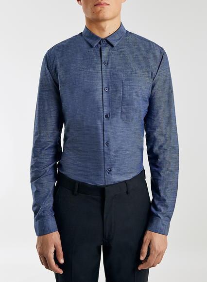 Topman Mens Blue Navy Slub Textured Long Sleeve Dress Shirt