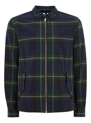 Topman Mens Green Black Watch Zip Through Shirt