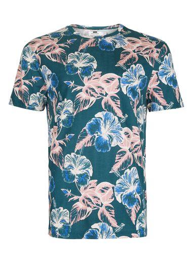 Topman Mens Blue Teal Floral Print T-shirt