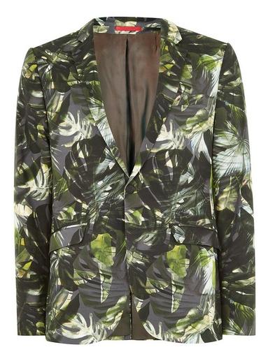 Topman Mens Green Palm Print Super Skinny Suit Jacket