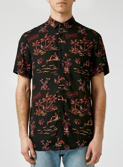 Topman Mens Black Tijuana Print Short Sleeve Drape Shirt