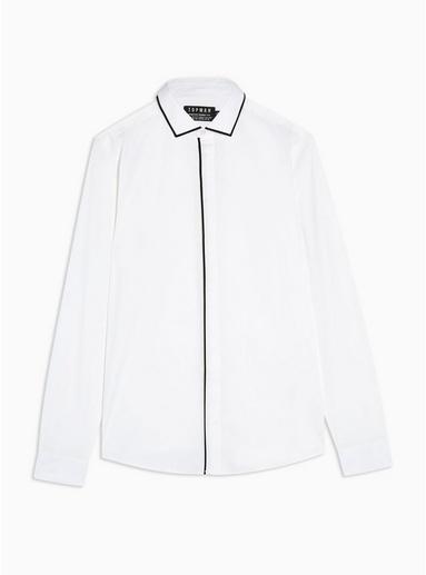 Topman Mens White Piping Detail Stretch Slim Shirt