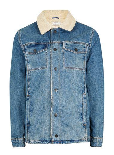 Topman Mens Blue Faux Shearling Collar Denim Jacket
