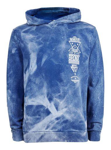Topman Mens Washed Blue Bronx Print Classic Fit Hoodie