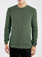 Topman Mens Green Olive Grid Stitch Crew Neck Sweater
