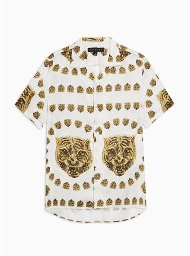 Hermano Mens Hermano White Tiger Print Revere Shirt