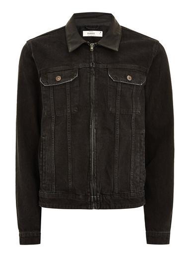 Topman Mens Blue Black Faux Leather Collar Denim Jacket