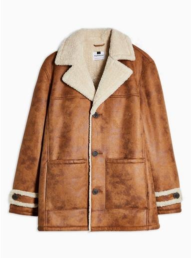 Topman Mens Brown Tan Shearling Jacket