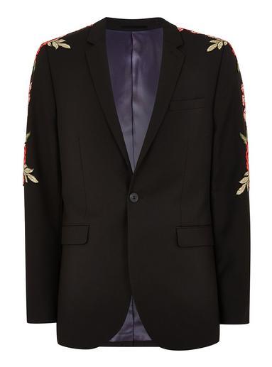 Topman Mens Black Skinny Suit Jacket With Red Embroidered Badges