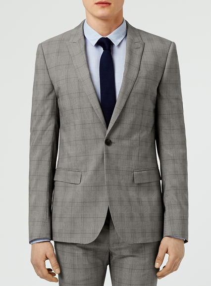 Topman Mens Mid Grey Grey And Blue Check Ultra Skinny Fit Suit Jacket
