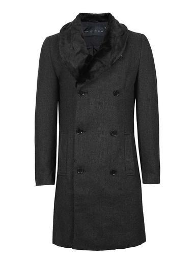 Topman Mens Criminal Damage Black Herringbone Faux Fur Collar Coat*