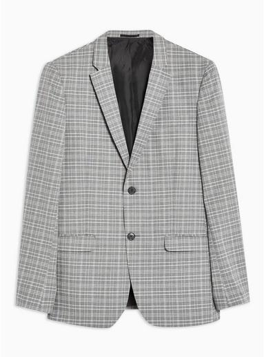 Topman Mens Grey Skinny Fit Check Single Breasted Blazer With Notch Lapels
