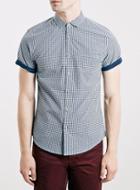 Topman Mens Blue Navy Gingham Contrast Button Down Short Sleeve Dress Shirt