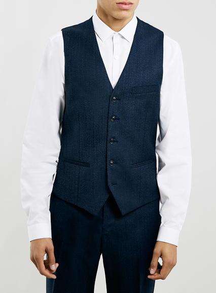 Topman Mens Blue Navy Textured Waistcoat