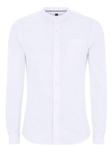 Topman Mens White Muscle Fit Stand Collar Oxford Long Sleeve Shirt