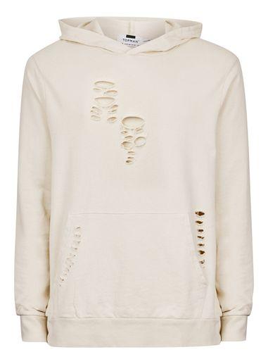 Topman Mens Brown Stone Ripped Classic Fit Hoodie