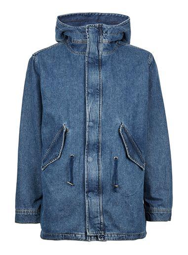 Topman Mens Blue Denim Faux Shearling Lined Parka