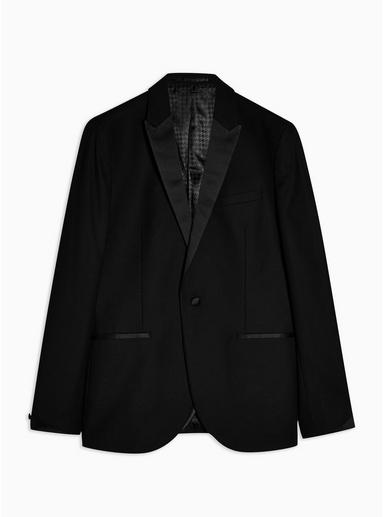 Topman Mens Black Skinny Fit Single Breasted Tuxedo Suit Blazer With Satin Covered Shawl Lapel