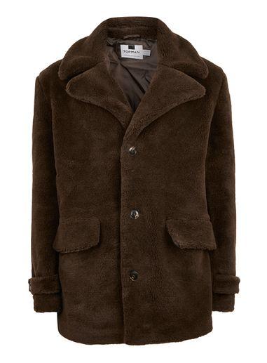 Topman Mens Brown Faux Fur Pea Coat