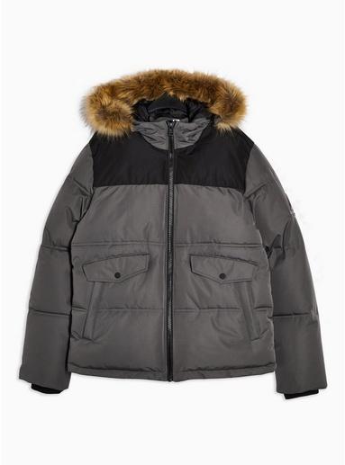 Topman Mens Mid Grey Gray Faux Fur Hooded Puffer Jacket