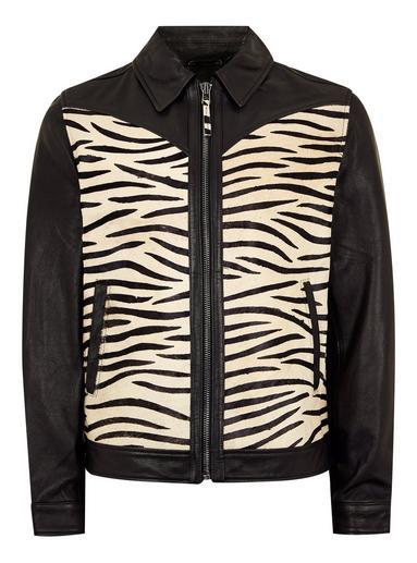 Topman Mens Black Leather Zebra Print Jacket