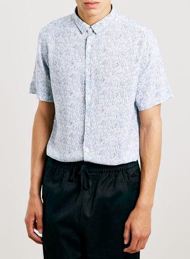 Topman Mens Blue Scribble Print Print Drapey Short Sleeve Smart Shirt