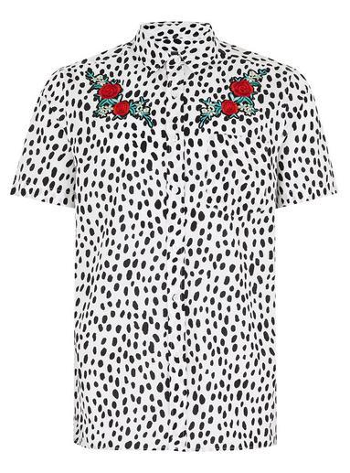 Topman Mens White Dalmatian And Rose Embroidered Short Sleeve Shirt