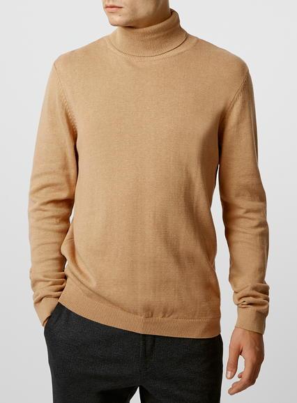 Topman Mens Brown Camel Marl Roll Neck Sweater